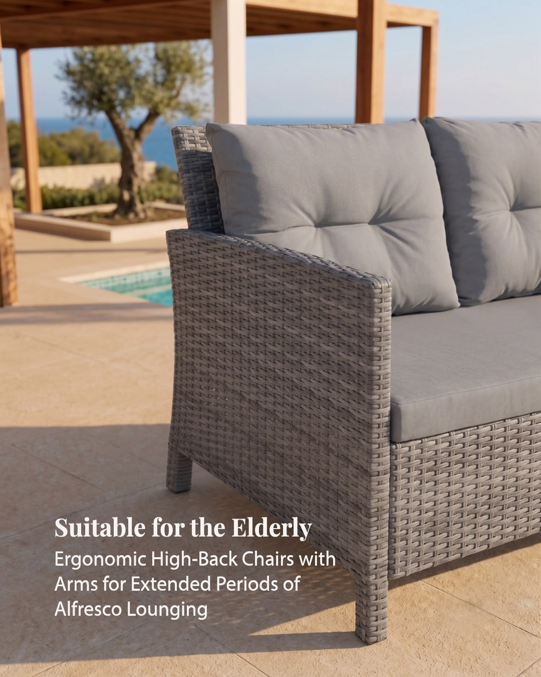 Gray wicker outdoor sofa with weather-resistant cushions on a patio