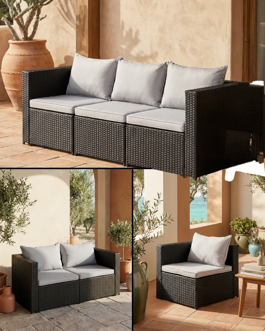 Black rattan outdoor sofa in different modular configurations