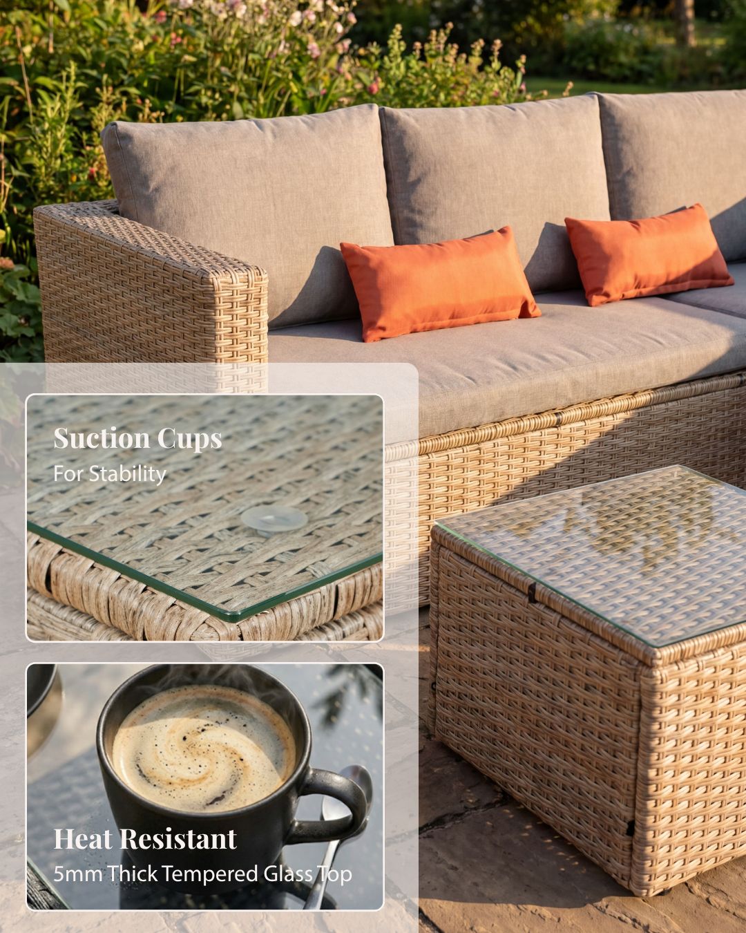 Morning light scene of Malibu garden furniture in a modern outdoor lounge