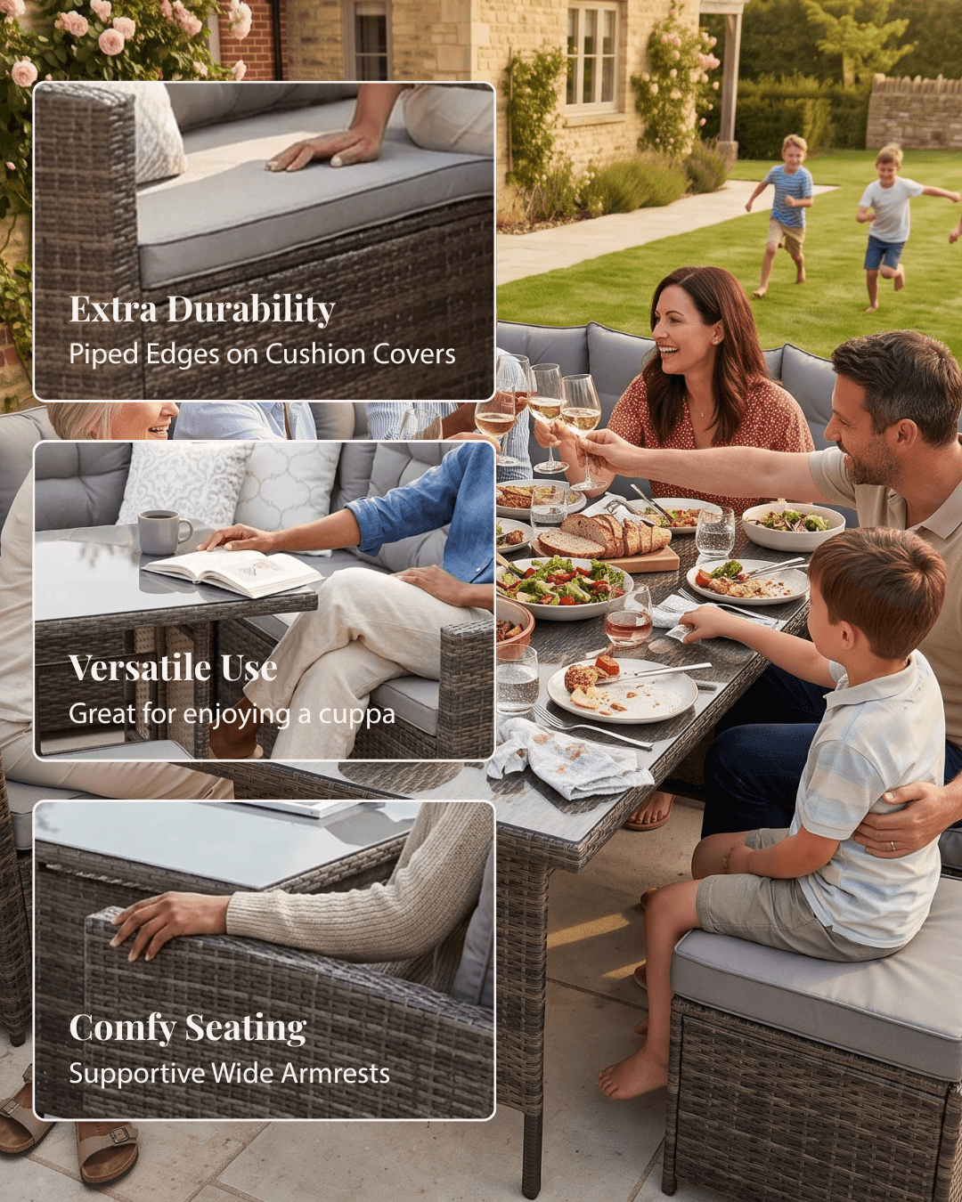 Outdoor patio dining scene with a family seated around a table on woven wicker patio furniture with light grey cushions with piped edges