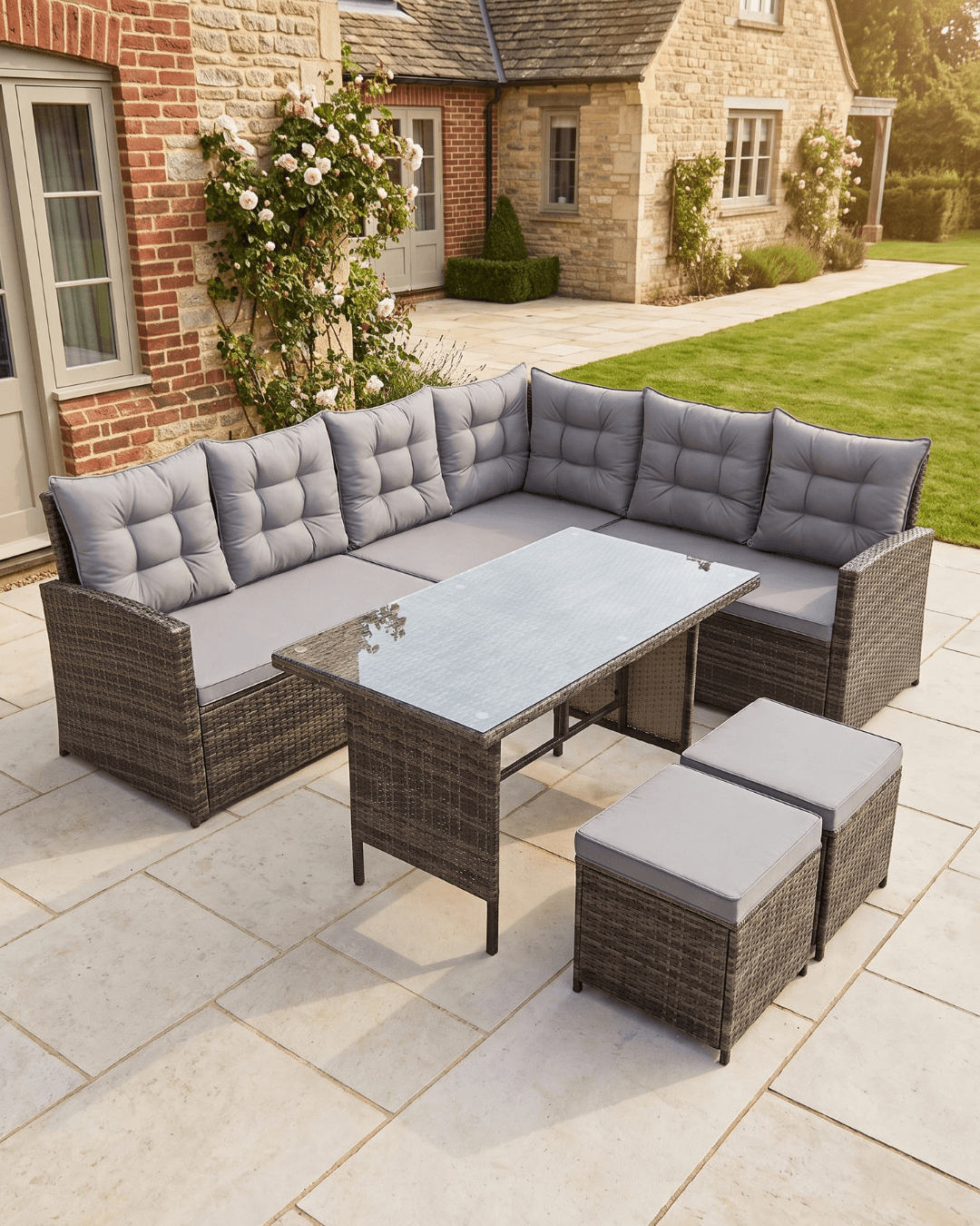 Rattan corner sofa garden set including wicker sectional sofas with grey cushions, a matching rectangular dining table, and two ottomans, shown on a stone patio in a British garden