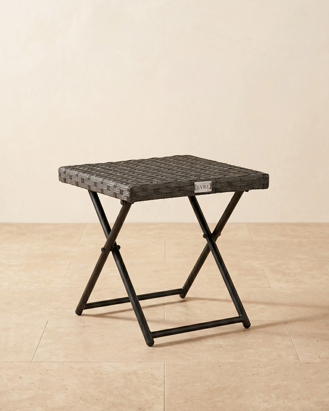 mountain oak grey rattan side table with handwoven rattan top and metal frame