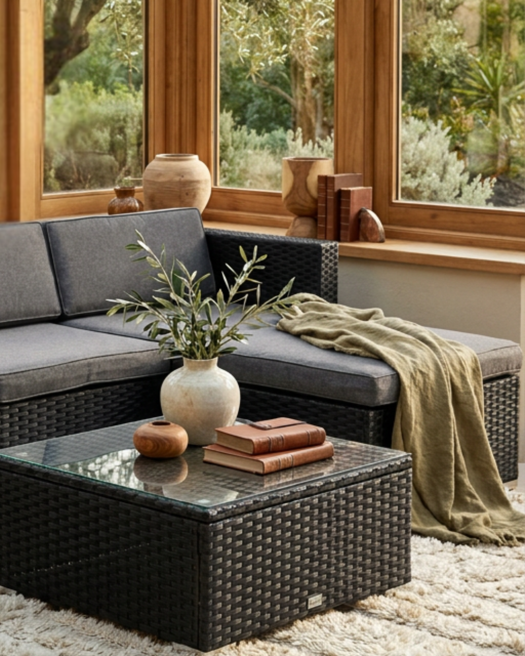 Black rattan sectional sofa with a coffee table in a sunroom