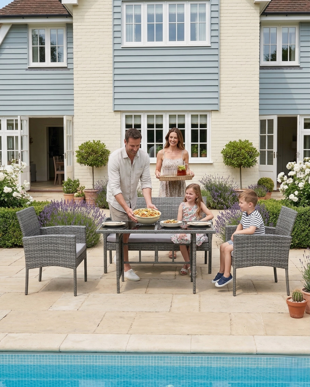 Family enjoying a meal outdoors on a grey rattan dining set for 4 people