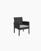 Black wicker chair with grey seat cushion