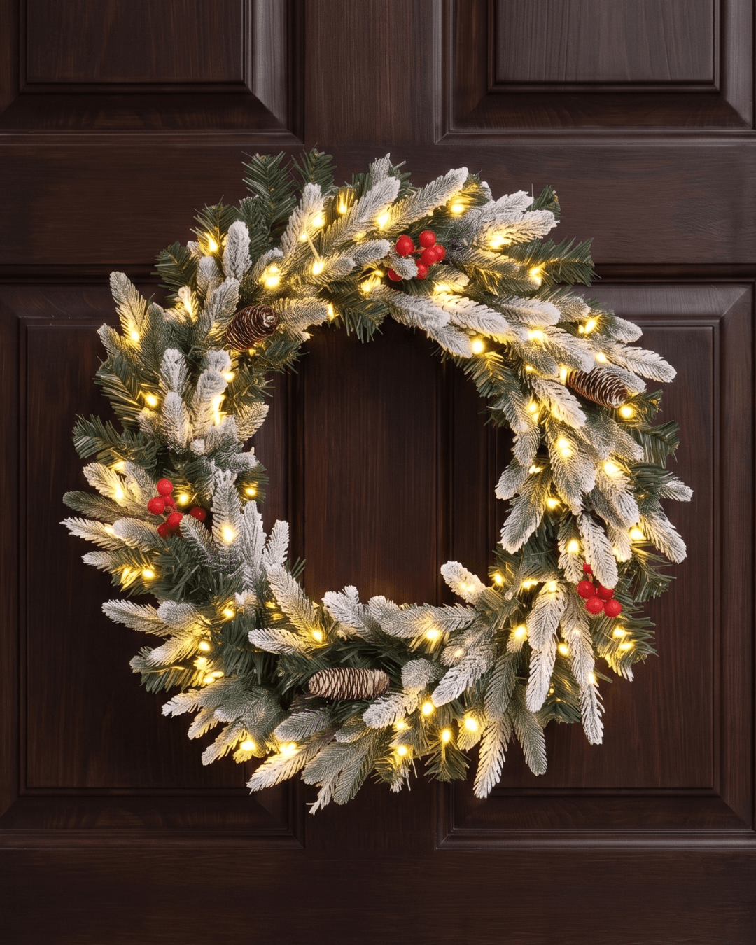 Artificial frosted tips Christmas wreath with warm white lights, pine cones and winter berries on a door