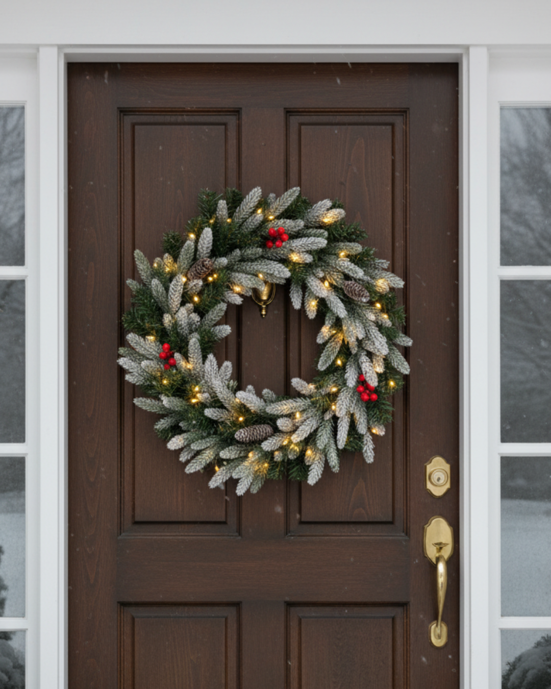 Christmas wreath with LED lights and red berries