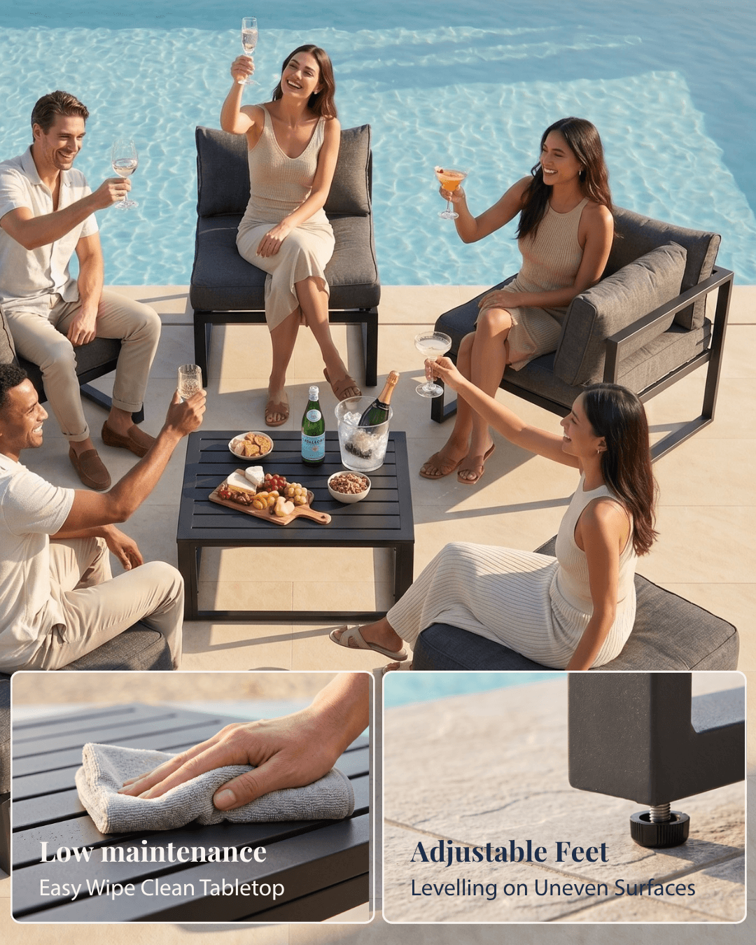 Five people relax on a modular outdoor patio conversation set arranged around a small coffee table by a swimming pool