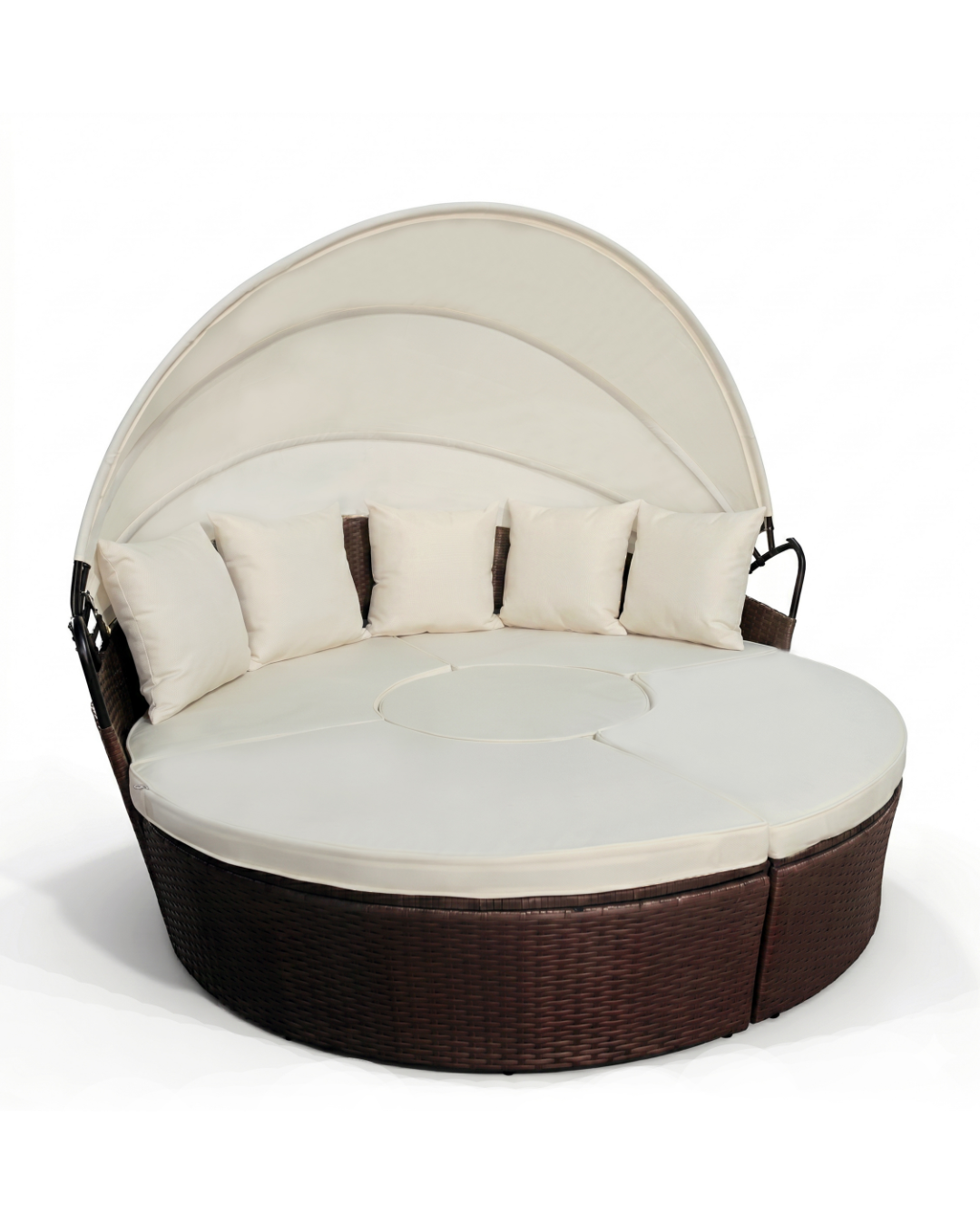 Brown rattan round outdoor daybed with canopy and cream cushions