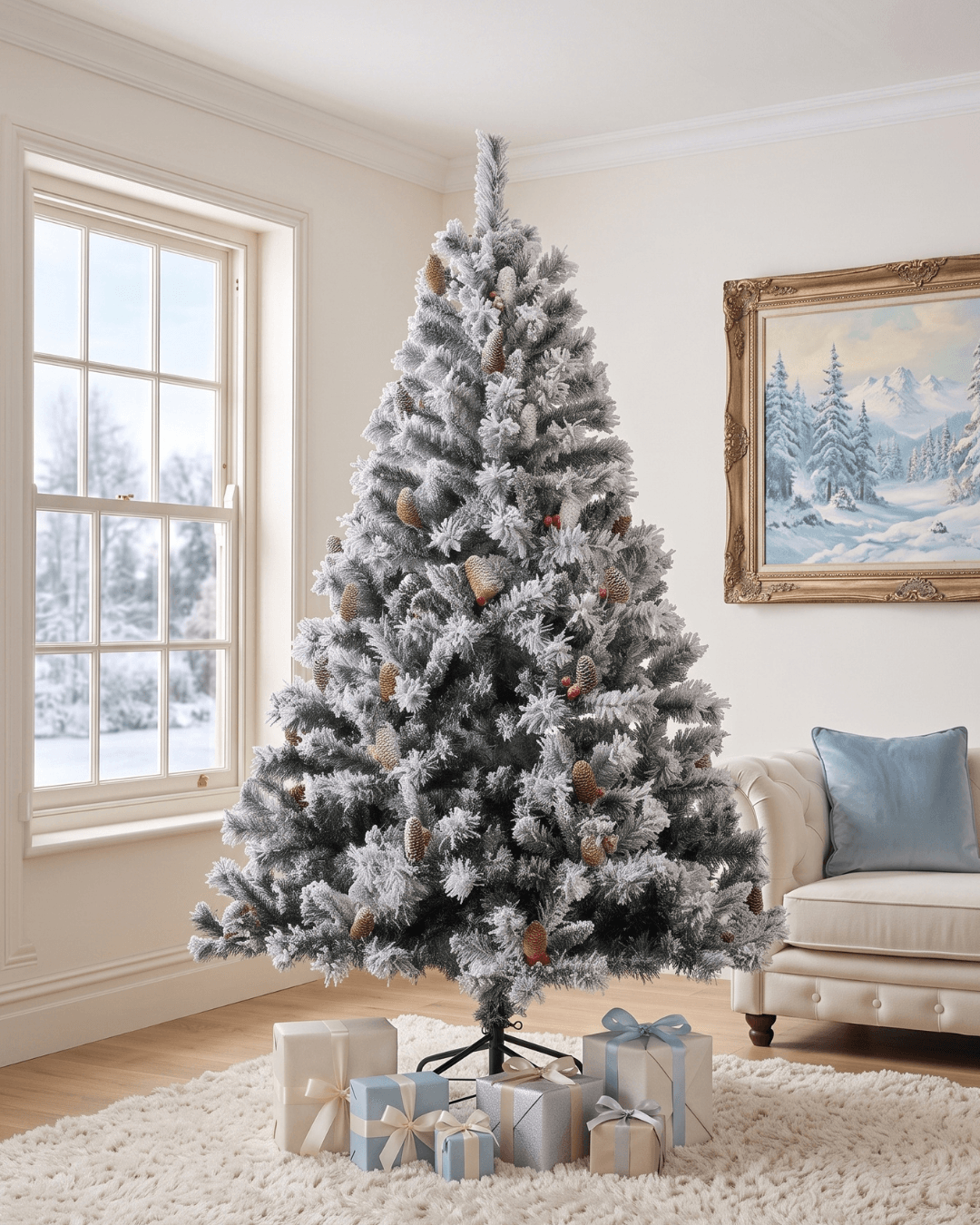 A snow flocked artificial Christmas tree stands at 7ft in a living room