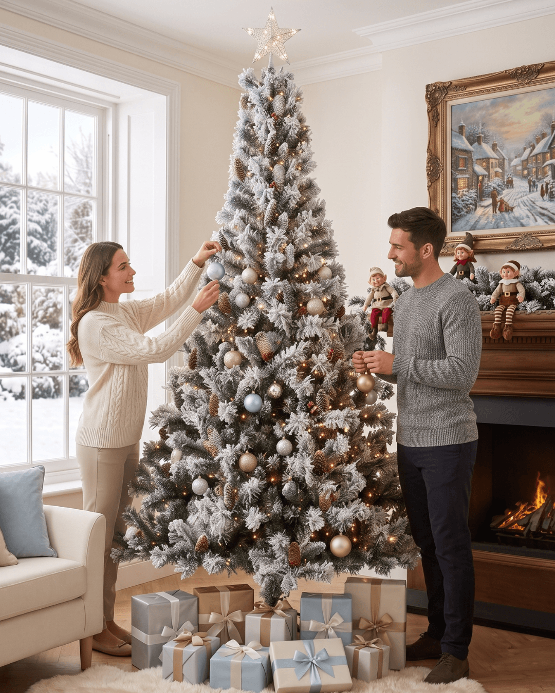 A couple decorating a 7ft large snowy Christmas tree decorated with ornaments, a star topper, and warm string lights in a cosy living room