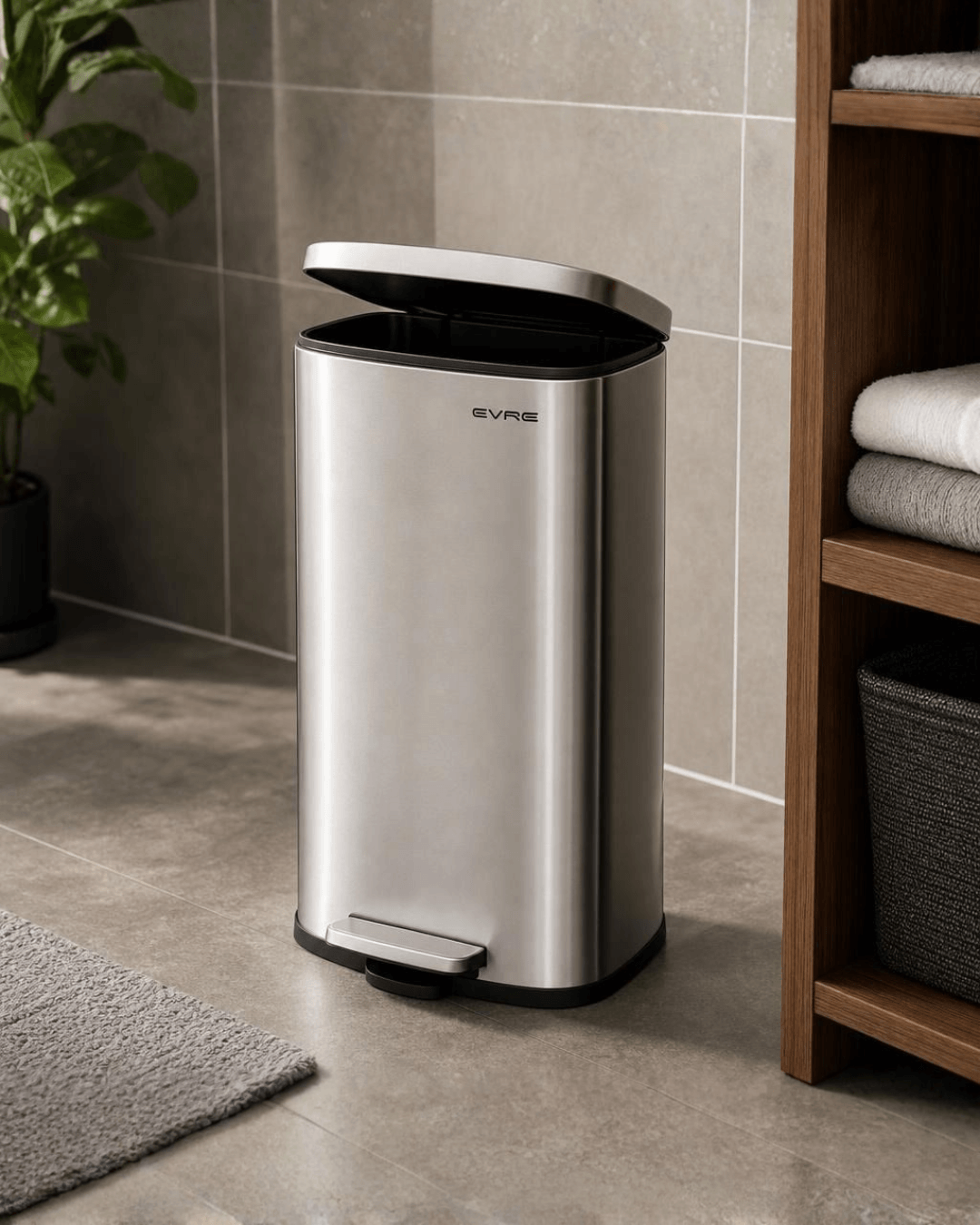 Stainless steel pedal bin with lid on tiled bathroom floor next to a wooden shelf with folded towels