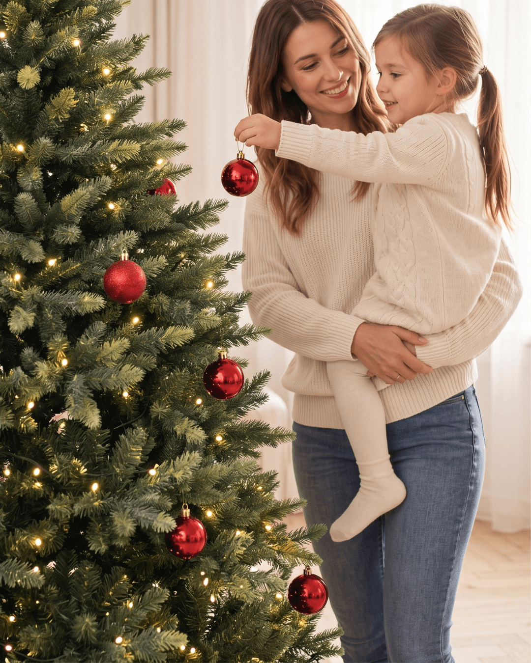 Mother and daughter decorating a green Christmas tree with red ornaments