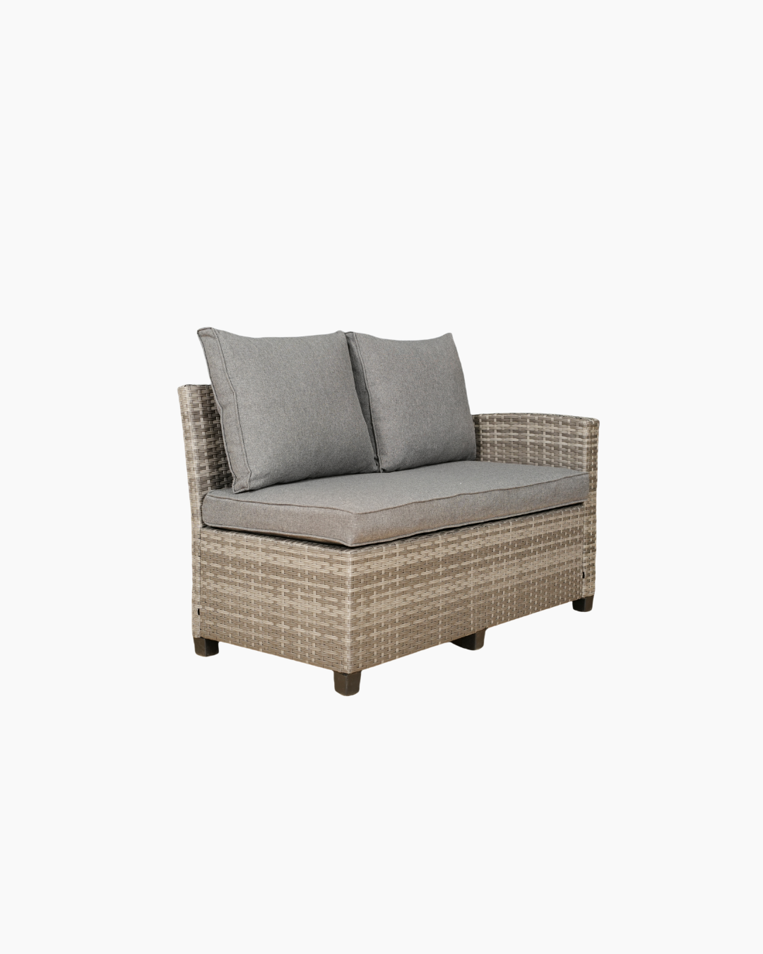 Wicker outdoor loveseat with grey cushions