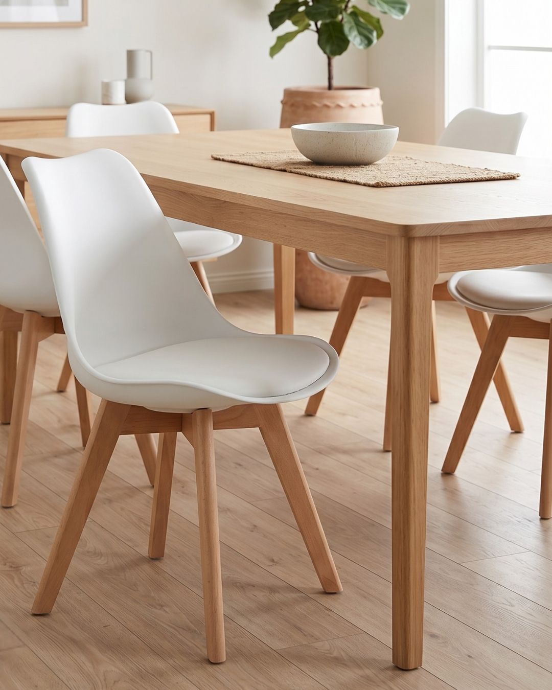Dining room with white chairs around a wooden dining table on a wooden floor