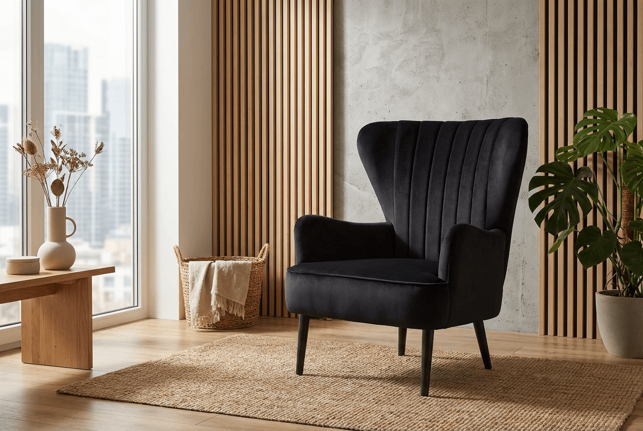 A black wingback armchair with vertical channel tufting and tapered legs, styled in a modern living room