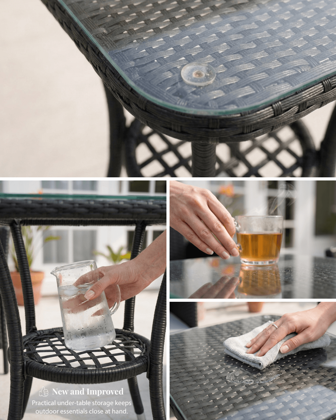 A four-panel collage showing a black woven outdoor table and chair bistro set