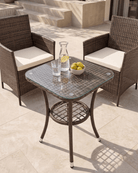 Outdoor patio bistro set featuring a square glass-top table with a brown woven wicker frame, two matching armchairs with cream cushions, and a bistro table