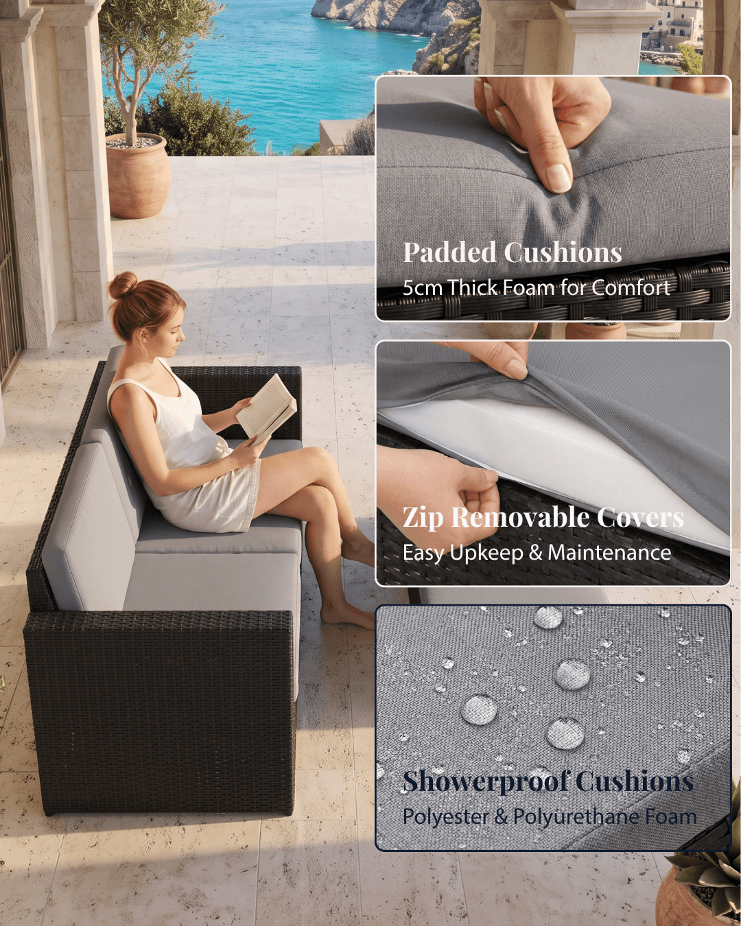 Outdoor patio sofa with a woman sitting on it