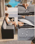 Outdoor patio sofa with a woman sitting on it