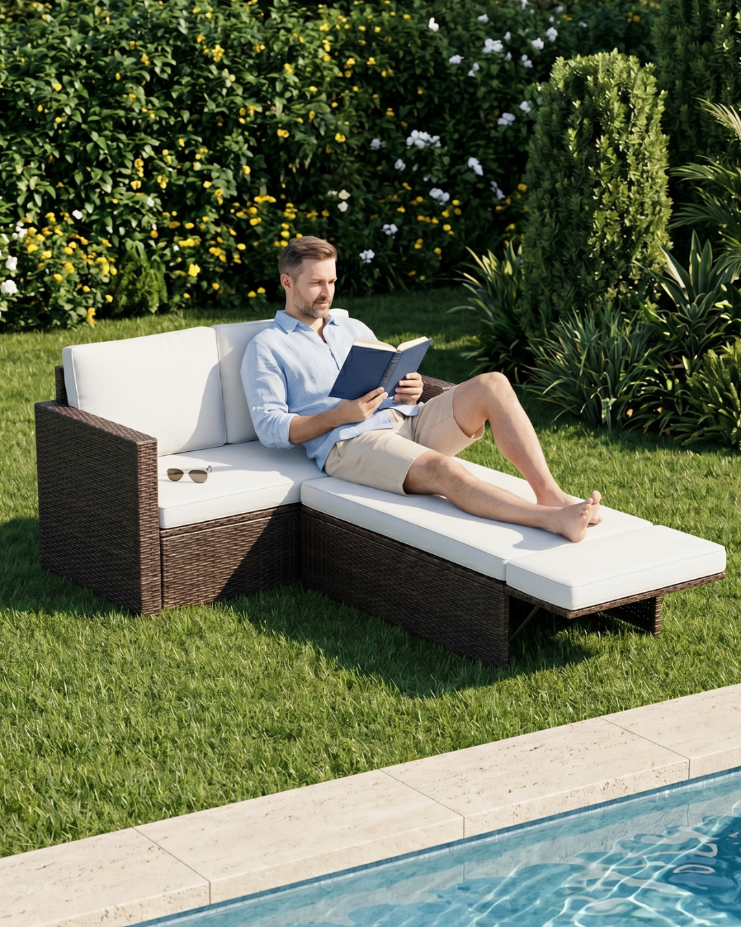 Man reading a book on a brown wicker sofa bed by the pool