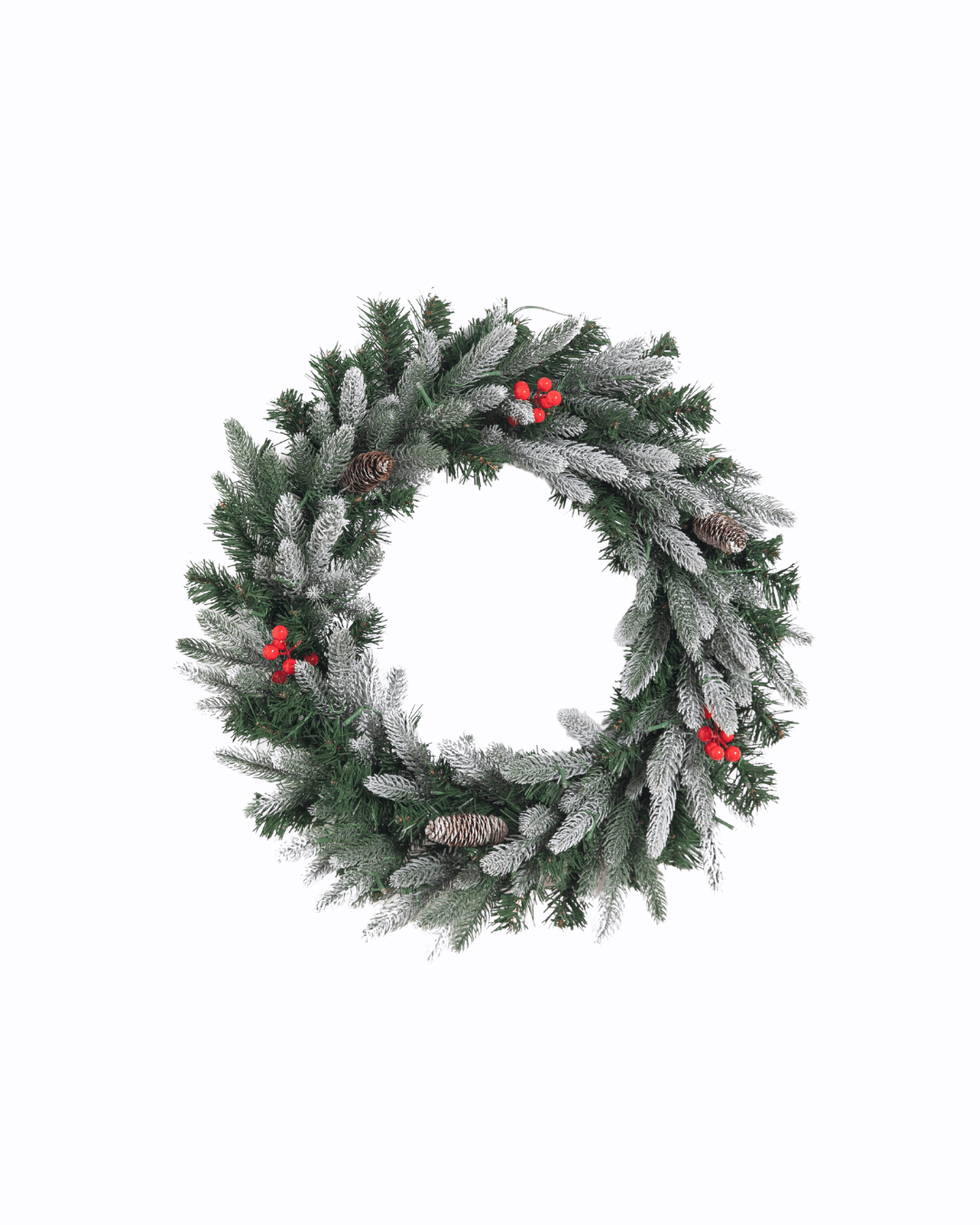 A circular Christmas wreath with small pinecones, clusters of red berries and light frosting