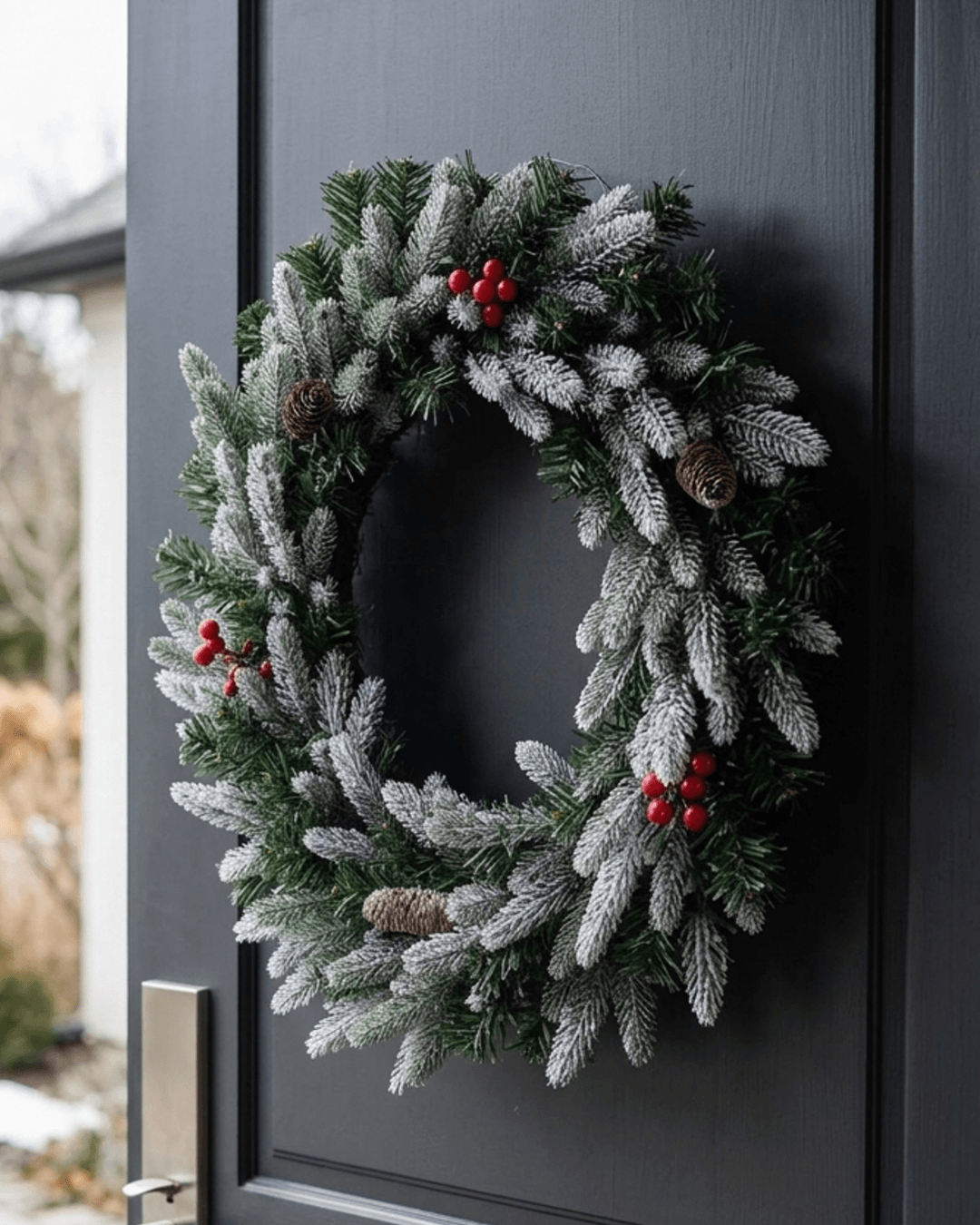 A lightly frosted xmas wreath with red berries and pinecones hanging on a dark charcoal front door