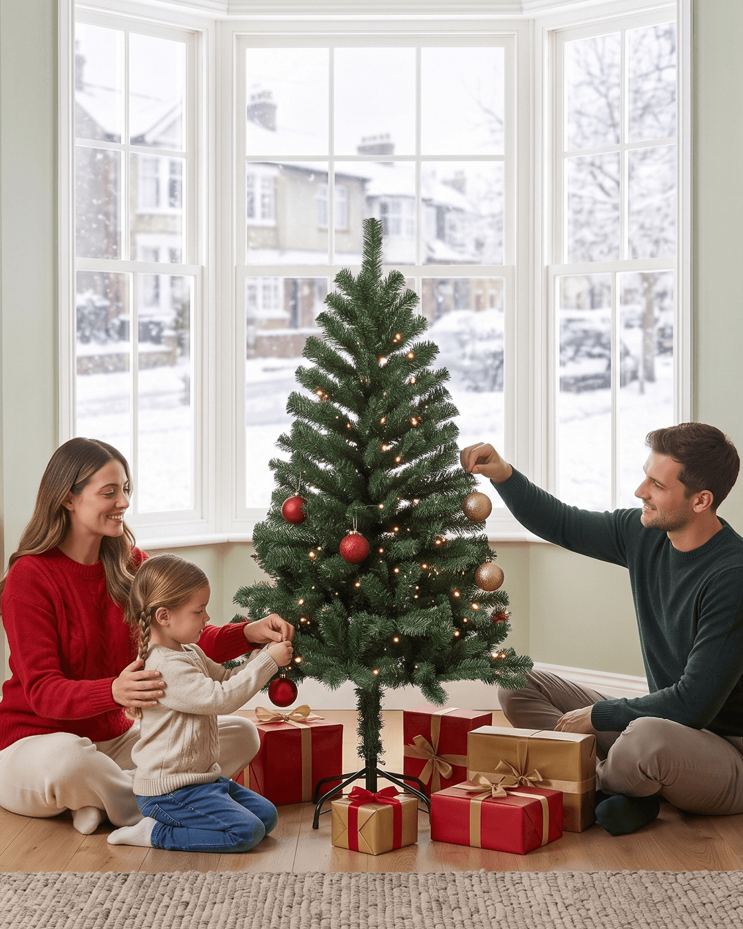 A family of three decorates a small artificial Christmas tree with red and gold ornaments in a bright living room with a snowy window view. Gift boxes are wrapped around the base of the tree.