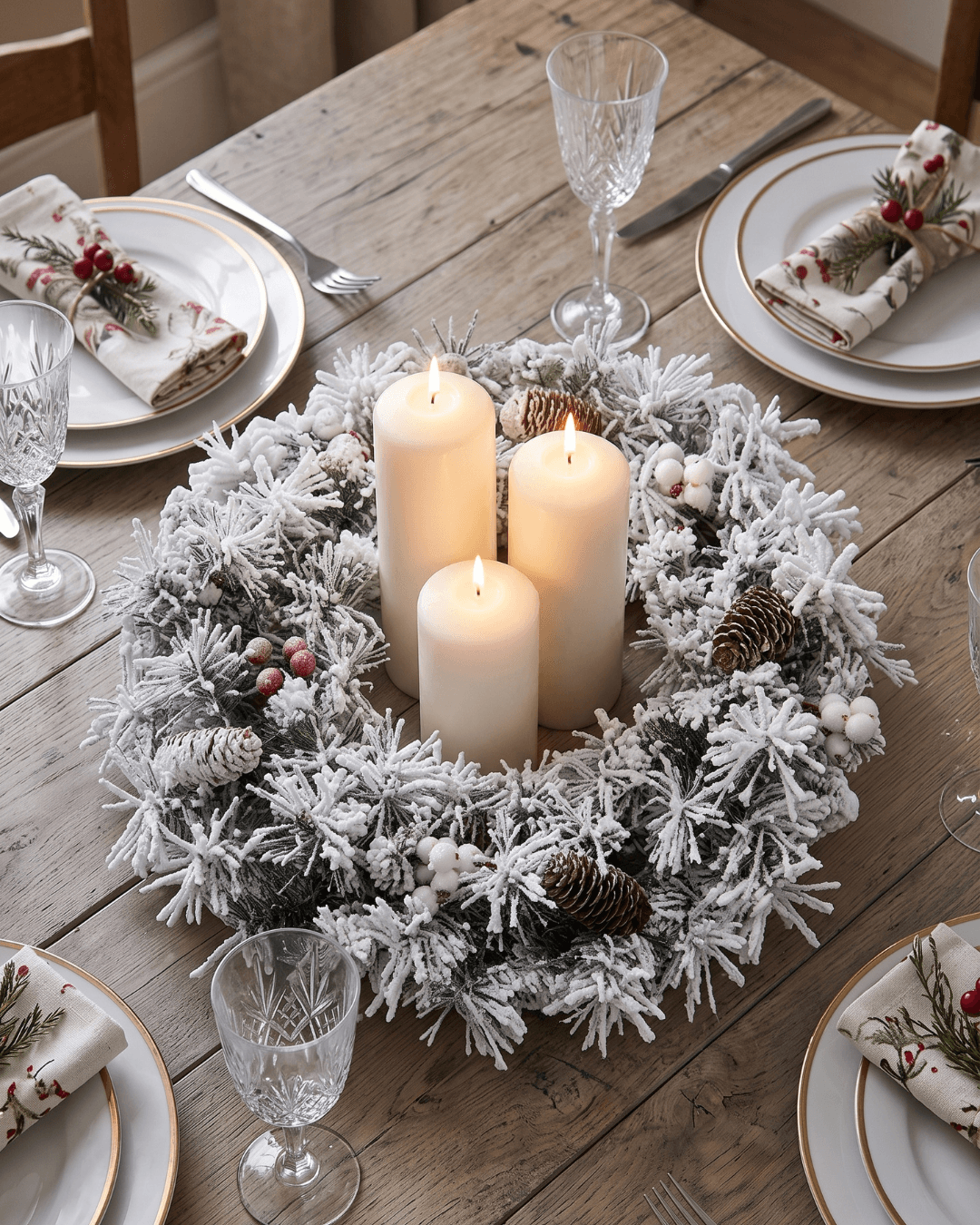 Snow white Christmas wreath centrepiece with three lit candles on a rustic wooden dining table