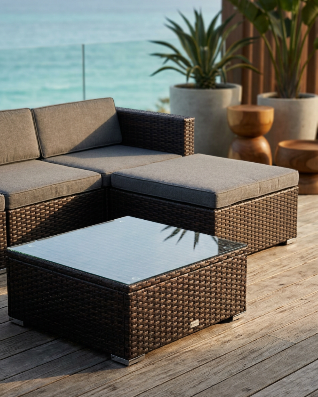 Outdoor patio furniture set with sectional sofa and coffee table on a wooden deck