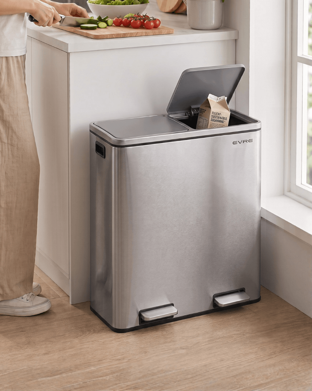 A stainless steel silver dual-compartment kitchen bin with a hinged lid positioned next to a kitchen counter 