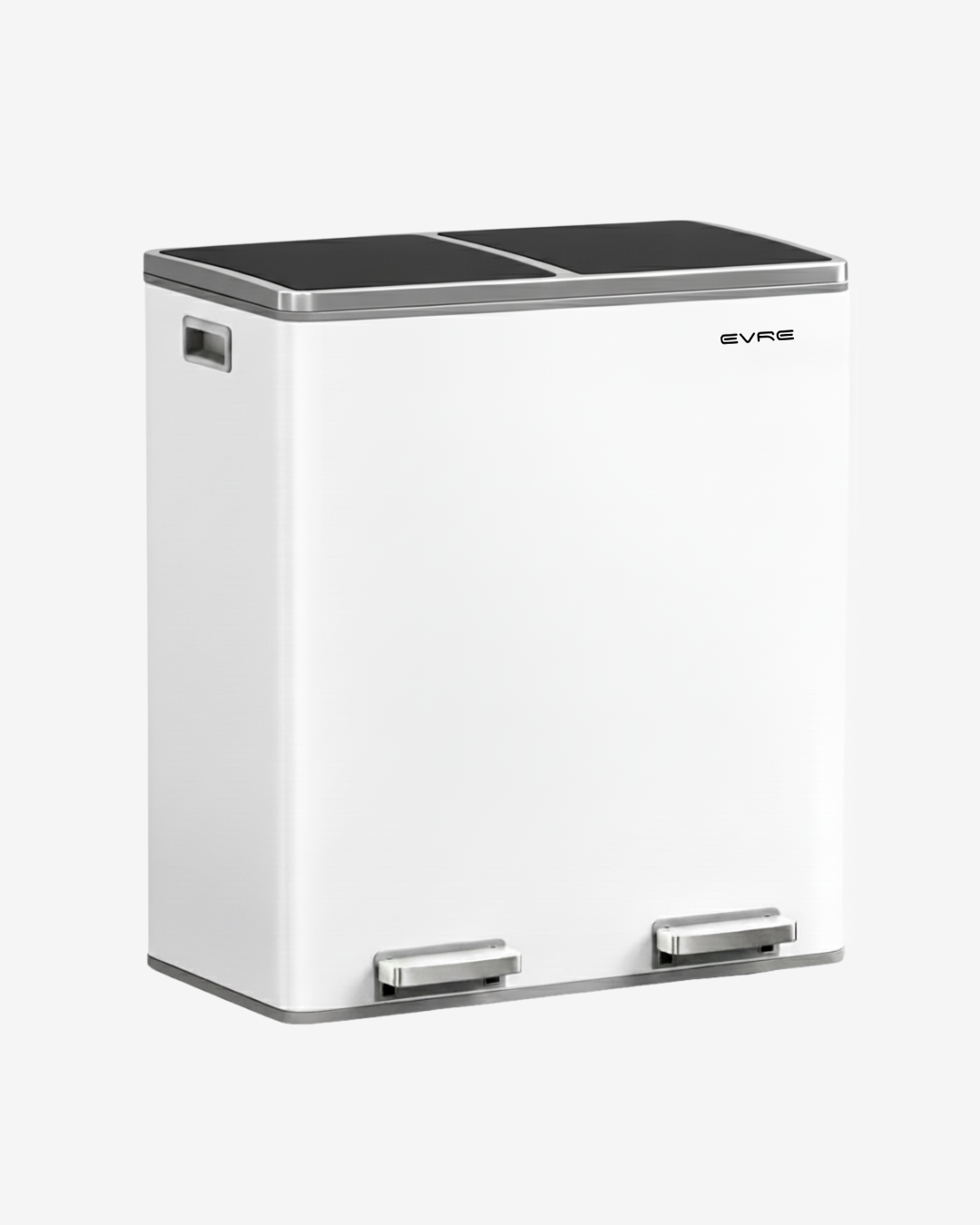 White trash bin with black top on a white background