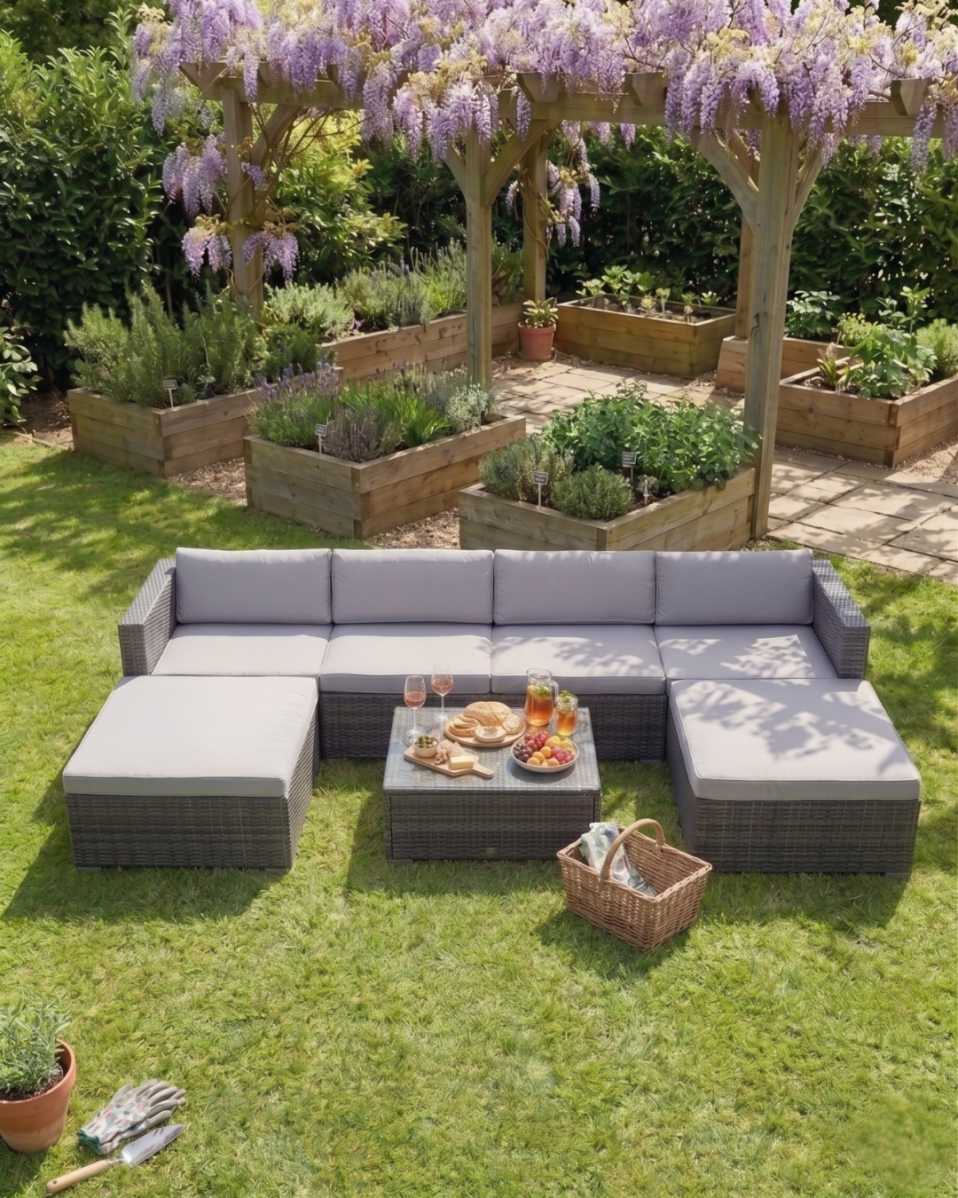 Outdoor patio with 6 seater grey rattan garden furniture and wisteria-covered pergola