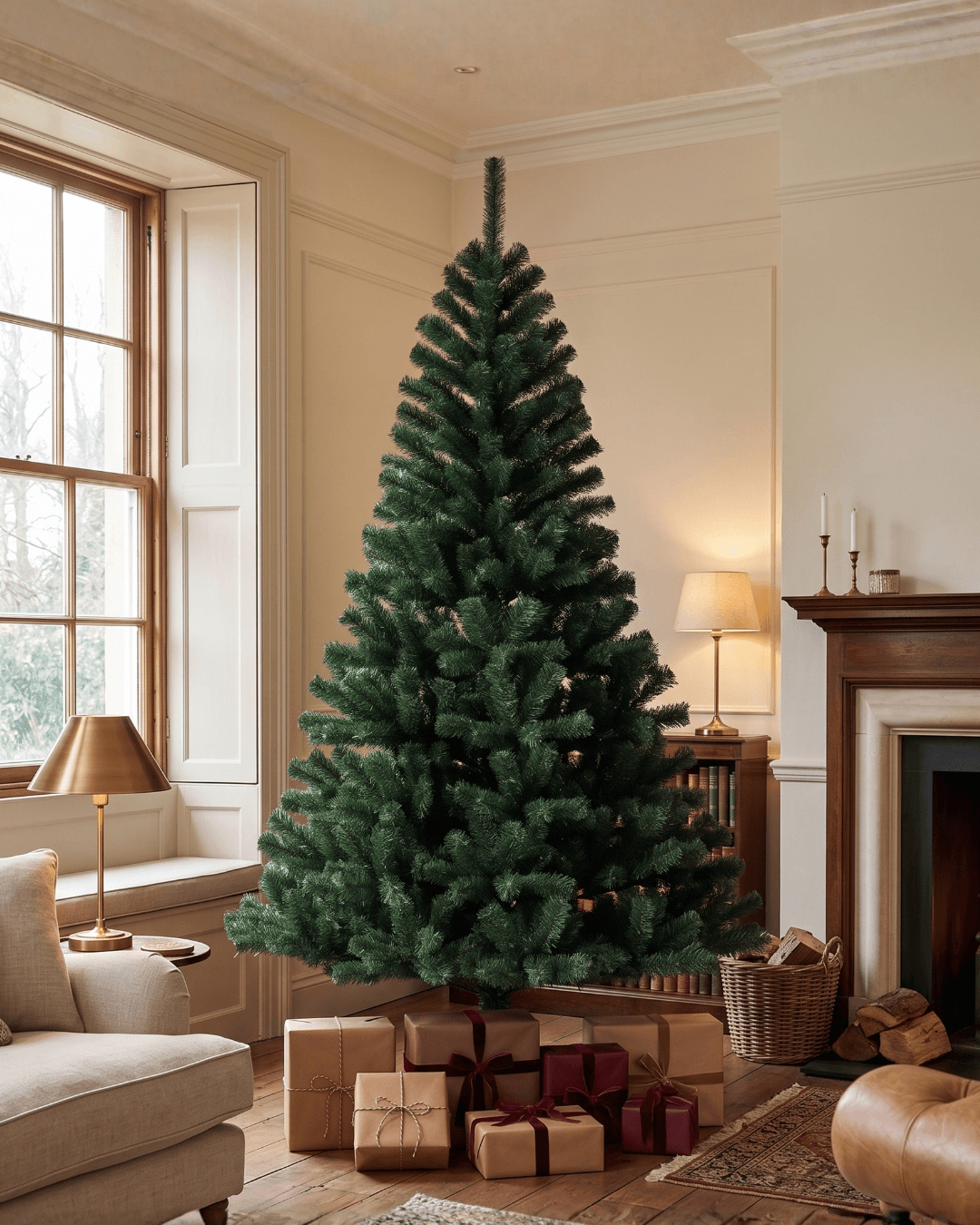 A 7ft tall artificial Christmas tree stands in a cozy living room beside a fireplace, with wrapped presents gathered at its base.