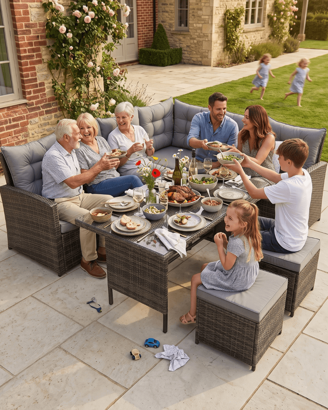 A large outdoor sectional wicker patio set with a matching rattan table, styled with food and surrounded by a family of seven on a stone patio in front of a brick house