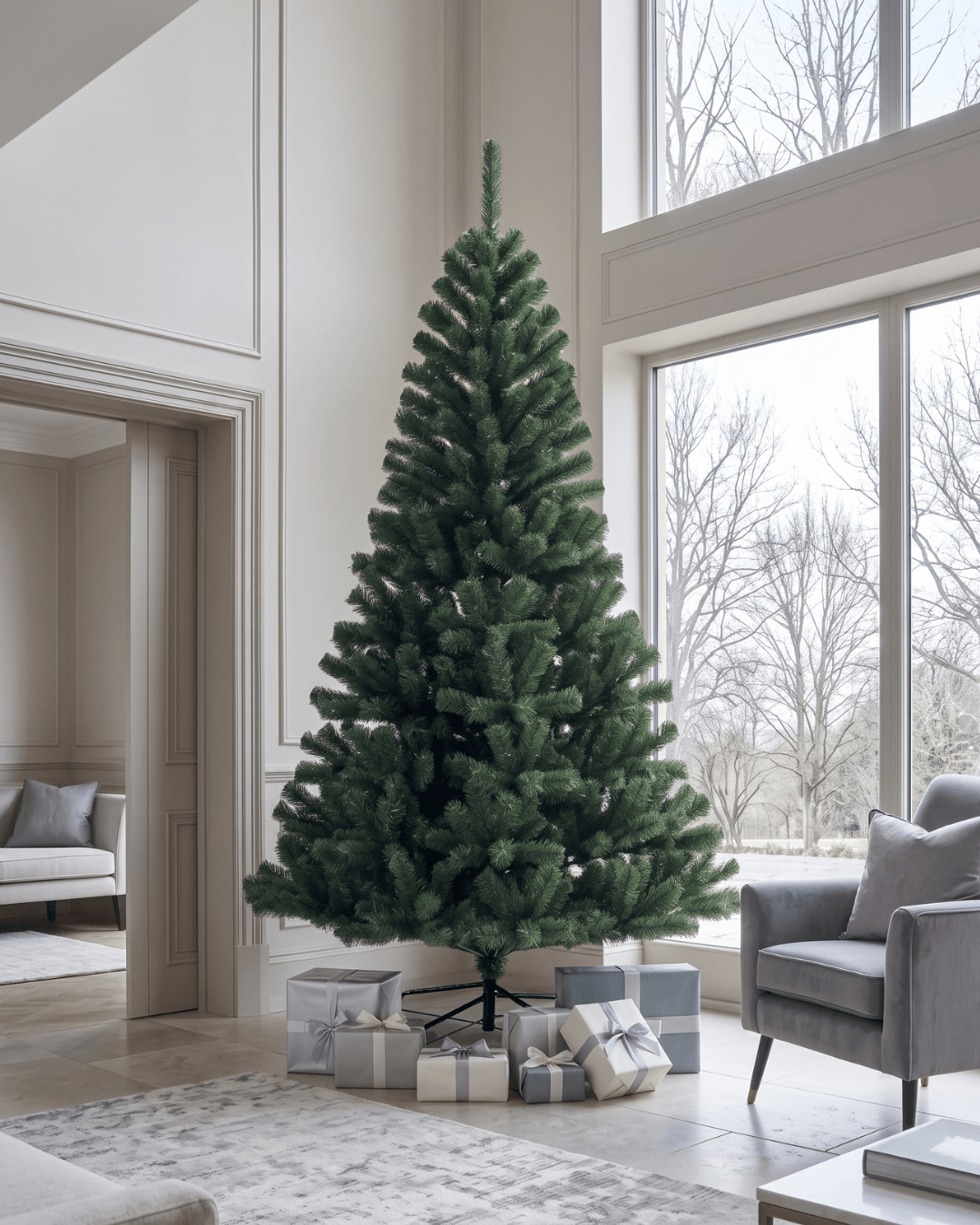 An 8ft tall, green artificial Christmas tree stands in a bright, modern living room with wrapped presents underneath.