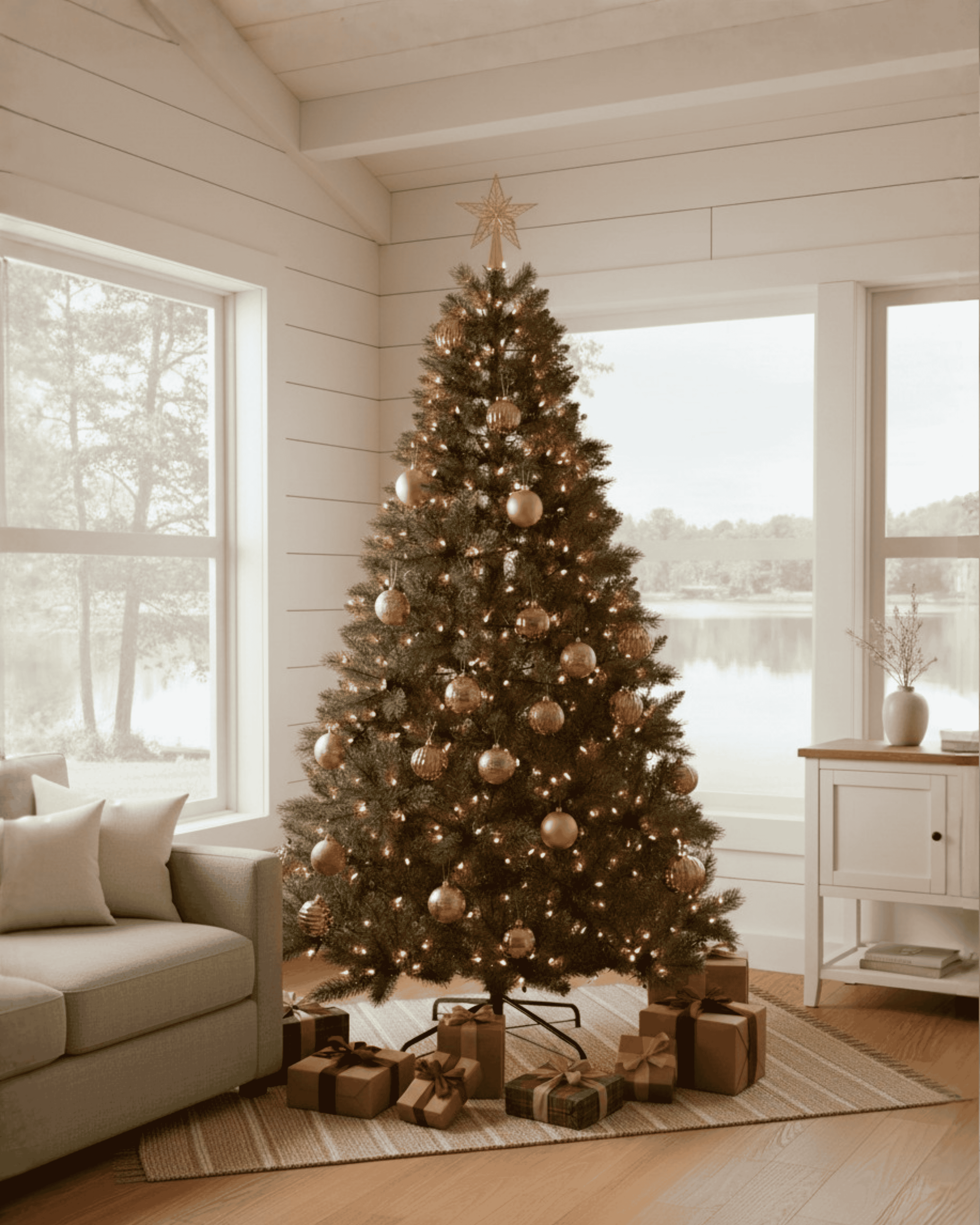 Decorated 8ft Christmas tree with present underneath