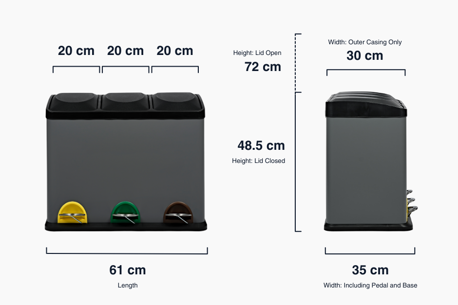 3 Compartment Recycling Bin 45L | Grey Stainless Steel Bin