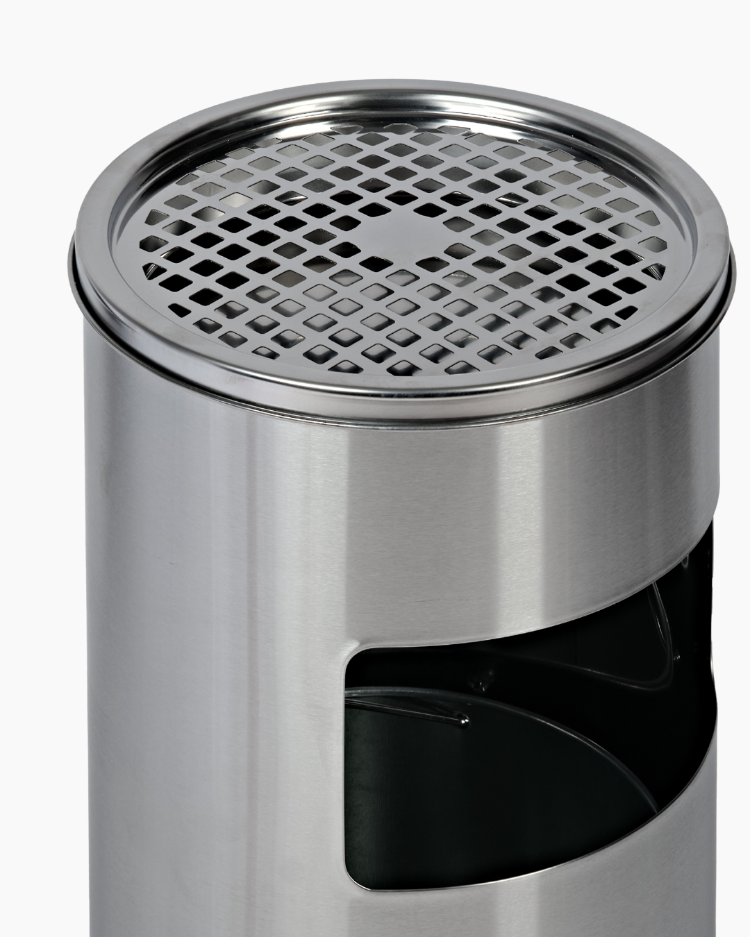 Silver ashtray atop silver cigarette bin