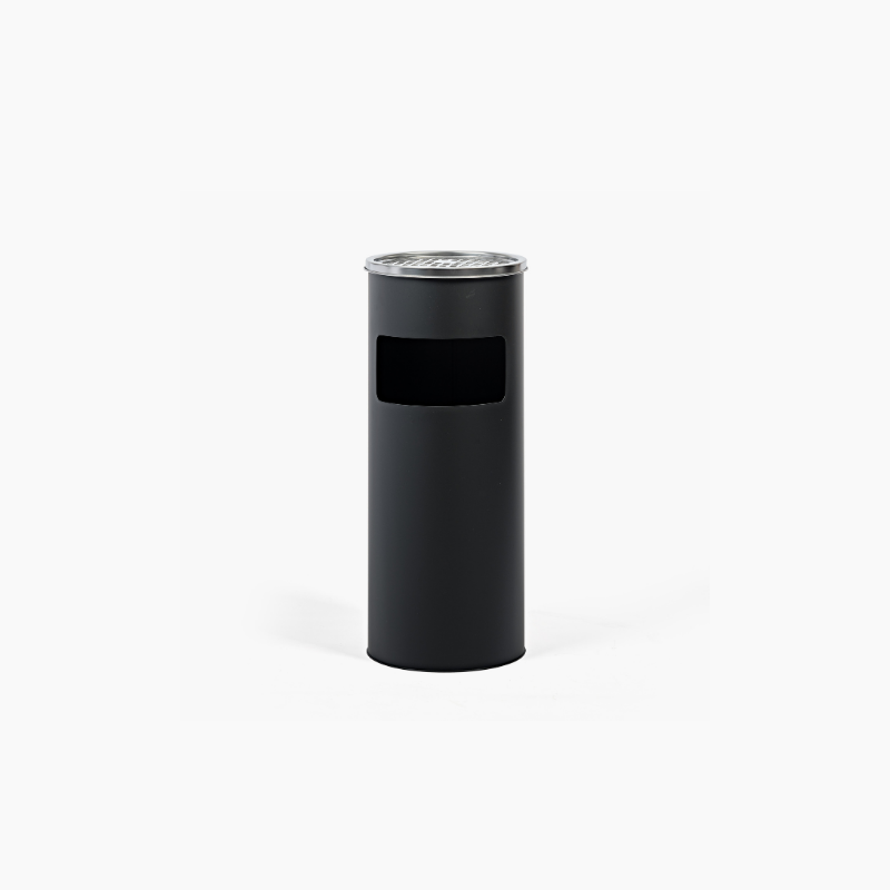 Black cylindrical trash can topped with a silver ashtray