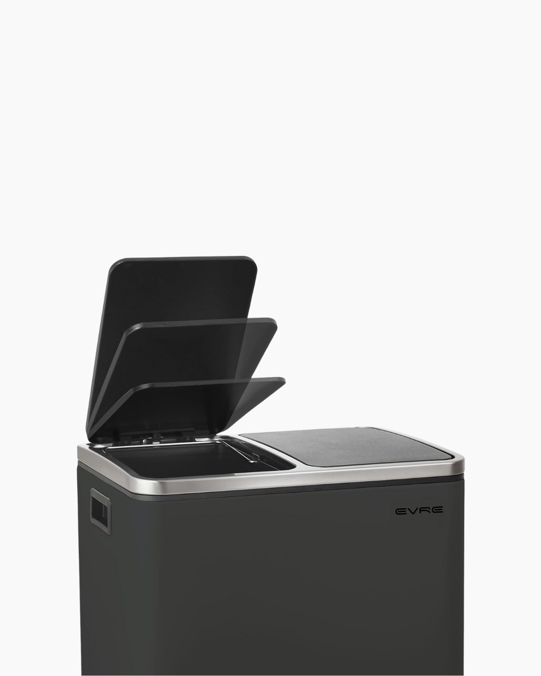 Black trash bin with lid that opens fully