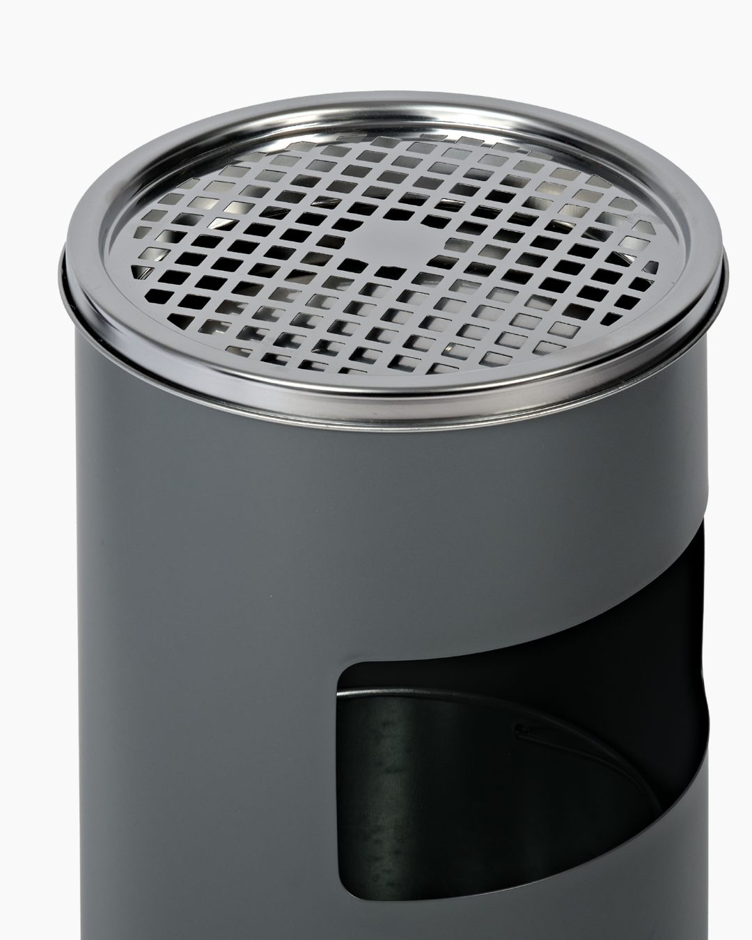 Silver ashtray atop grey cigarette bin