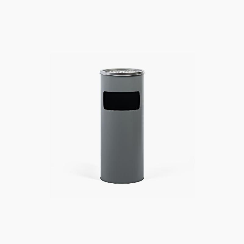 Grey cylindrical trash can with ashtray