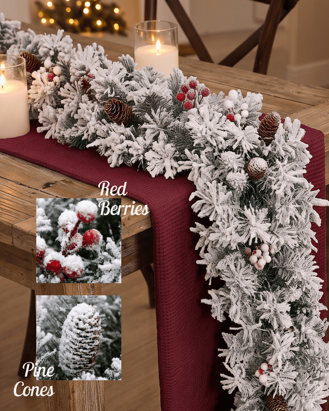 Flocked Christmas garland with pinecones and red berries on a wooden table, plus berry and pinecone close-ups