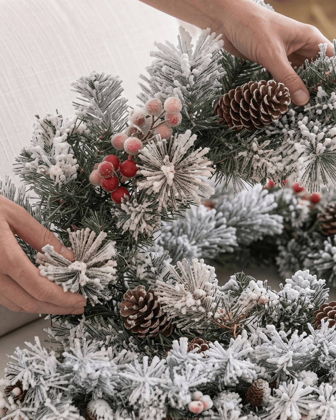 Shaping the frosted tips, artificial pinecones and red berries on a Christmas garland