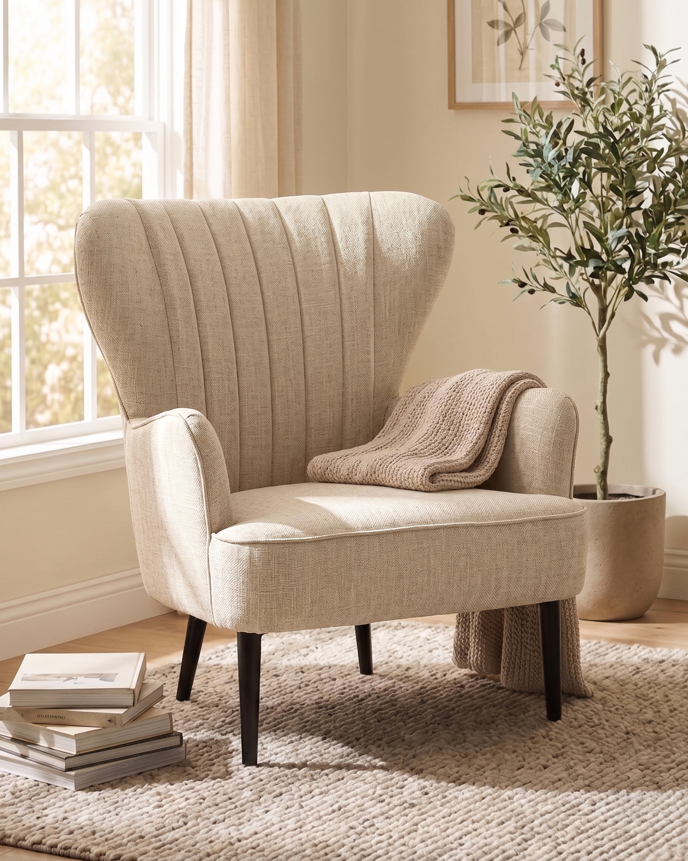 Cream wingback chair with arms in a room with a window, plant, and books