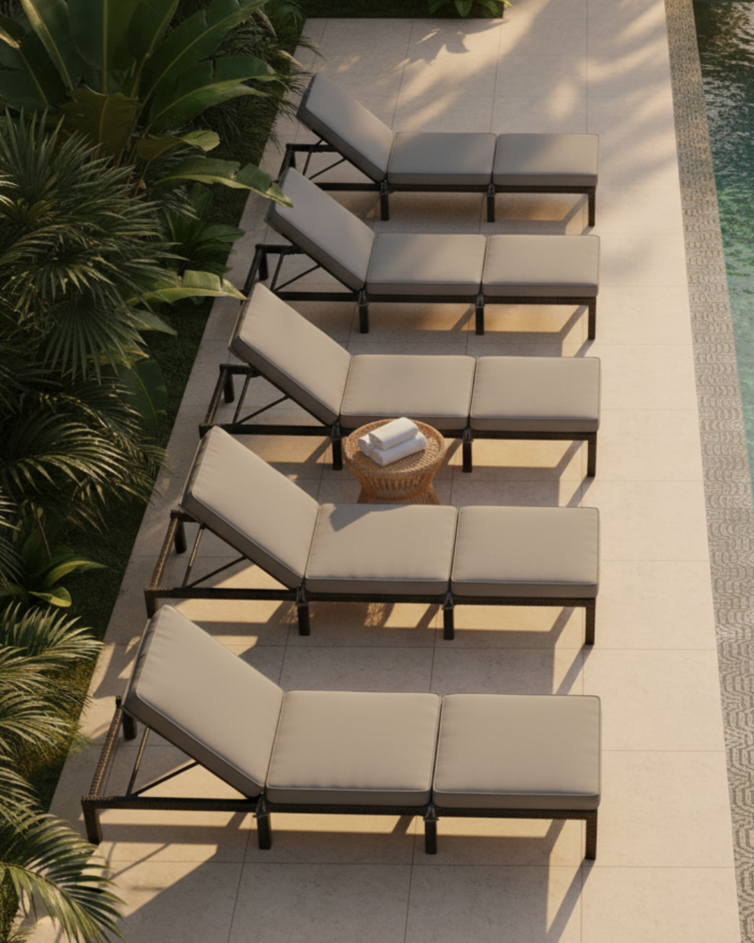 Outdoor lounge chairs arranged along a poolside