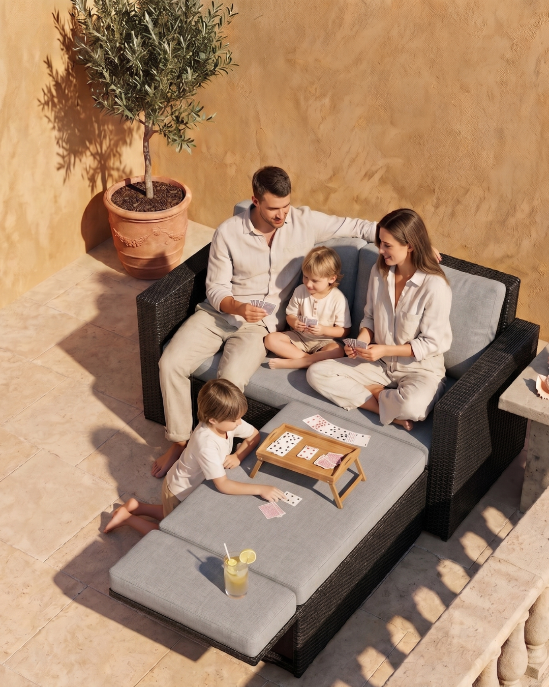 Black Rattan Sofa Lounger with footrest