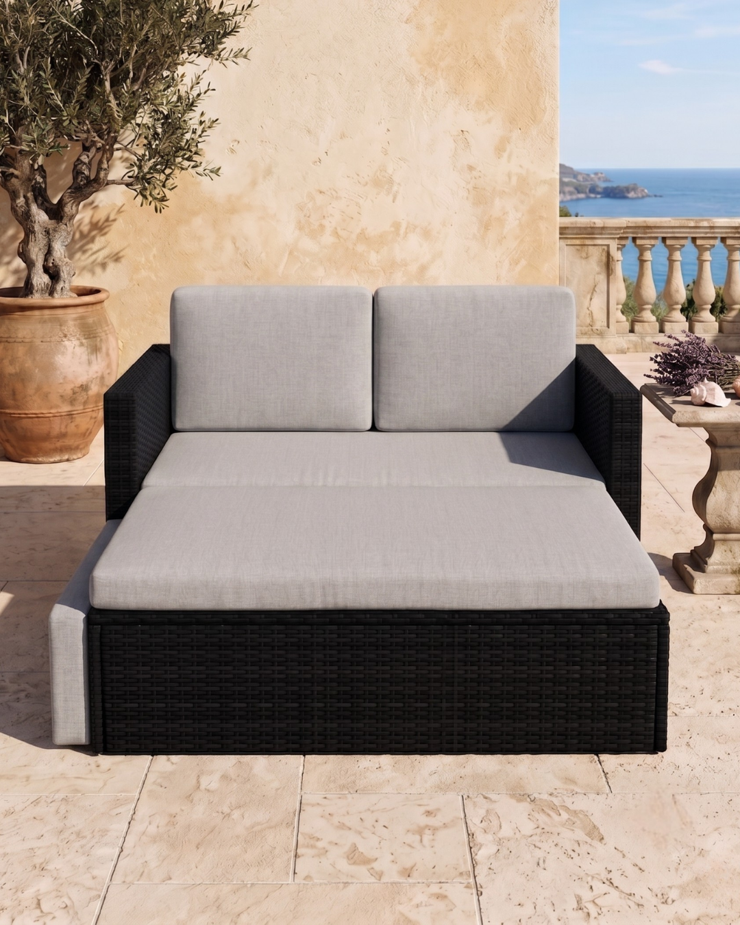 Black Rattan Sofa Lounger Convertible Lovebed