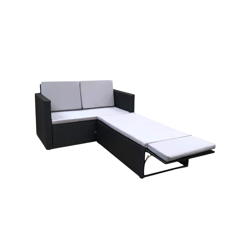 Sectional outdoor sofa with black frame and cream cushions